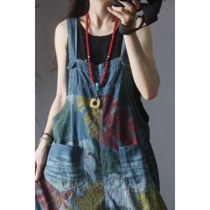 Colorful Banana Leaf Korean Jean Overalls Plus Size Camo Dungarees