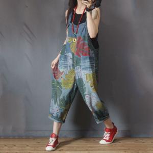 Colorful Banana Leaf Korean Jean Overalls Plus Size Camo Dungarees