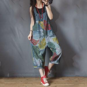 Colorful Banana Leaf Korean Jean Overalls Plus Size Camo Dungarees