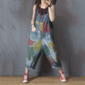 Colorful Banana Leaf Korean Jean Overalls Plus Size Camo Dungarees