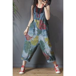 Colorful Banana Leaf Korean Jean Overalls Plus Size Camo Dungarees