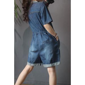 Shirt Collar Drawstring Rompers Wide Leg Denim One Piece Trousers