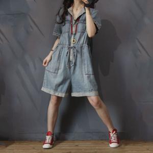 Shirt Collar Drawstring Rompers Wide Leg Denim One Piece Trousers