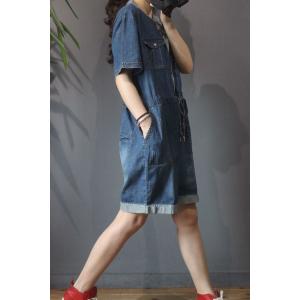 Shirt Collar Drawstring Rompers Wide Leg Denim One Piece Trousers