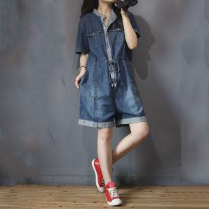 Shirt Collar Drawstring Rompers Wide Leg Denim One Piece Trousers