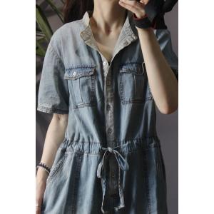 Shirt Collar Drawstring Rompers Wide Leg Denim One Piece Trousers