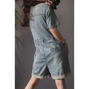 Shirt Collar Drawstring Rompers Wide Leg Denim One Piece Trousers