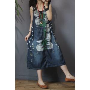 V-Neck Big Dotted Sleeveless Dress Ripped Denim A-Line Dress