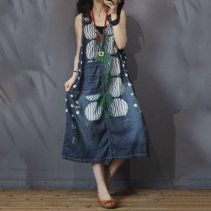 V-Neck Big Dotted Sleeveless Dress Ripped Denim A-Line Dress