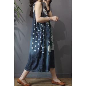 V-Neck Big Dotted Sleeveless Dress Ripped Denim A-Line Dress