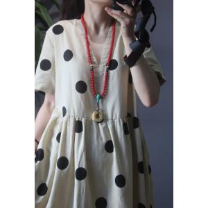 French Style Classical Polka Dot Dress Vintage V-Neck Linen Flare Dress