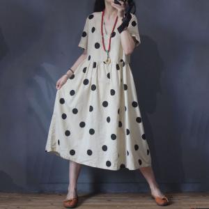 French Style Classical Polka Dot Dress Vintage V-Neck Linen Flare Dress