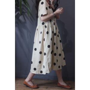 French Style Classical Polka Dot Dress Vintage V-Neck Linen Flare Dress