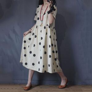 French Style Classical Polka Dot Dress Vintage V-Neck Linen Flare Dress