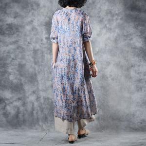 Fashion Asymmetrical Blue Floral Blouse Belted Loose Long Shirt