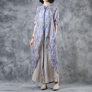Fashion Asymmetrical Blue Floral Blouse Belted Loose Long Shirt