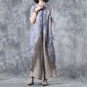 Fashion Asymmetrical Blue Floral Blouse Belted Loose Long Shirt