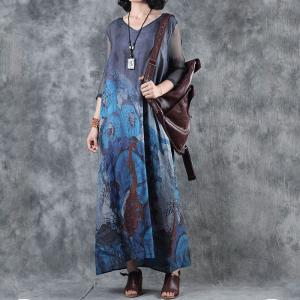 Silk Sleeve Blue Flowers Elegant Dress Long V-Neck Vintage Dress with Belt