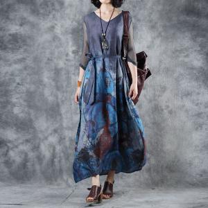 Silk Sleeve Blue Flowers Elegant Dress Long V-Neck Vintage Dress with Belt