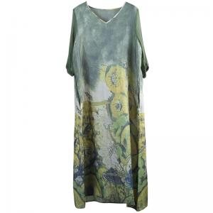 V-Neck Printed Green Shift Dress Tied Silk Sleeve A-Line Dress