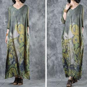 V-Neck Printed Green Shift Dress Tied Silk Sleeve A-Line Dress