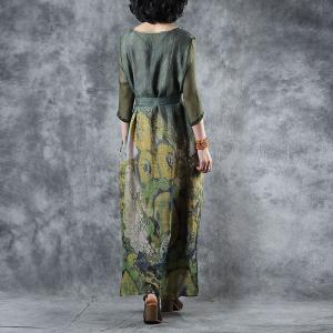 V-Neck Printed Green Shift Dress Tied Silk Sleeve A-Line Dress