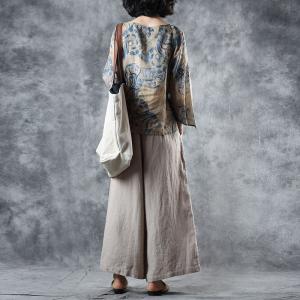 Chinese Vintage Printed Short Kimono Long Sleeve Ramie Wrap Blouse