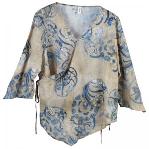 Chinese Vintage Printed Short Kimono Long Sleeve Ramie Wrap Blouse