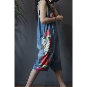 Flowers Patchwork Wide Leg Overalls Denim Sleeveless One Piece Pants