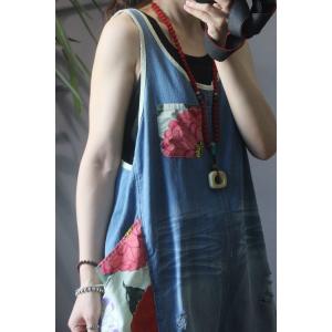 Flowers Patchwork Wide Leg Overalls Denim Sleeveless One Piece Pants