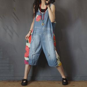 Flowers Patchwork Wide Leg Overalls Denim Sleeveless One Piece Pants