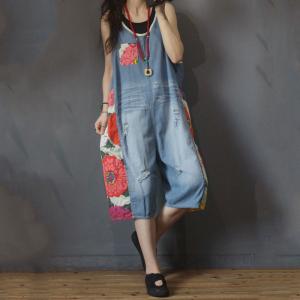 Flowers Patchwork Wide Leg Overalls Denim Sleeveless One Piece Pants