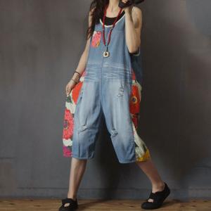 Flowers Patchwork Wide Leg Overalls Denim Sleeveless One Piece Pants