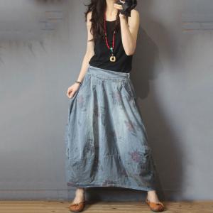 Casual Style Printed Maxi Skirt Denim Vintage Flare Skirt