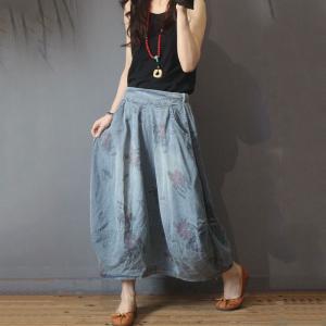 Casual Style Printed Maxi Skirt Denim Vintage Flare Skirt