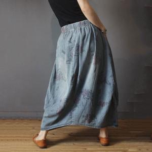 Casual Style Printed Maxi Skirt Denim Vintage Flare Skirt