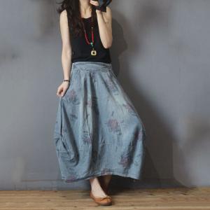 Casual Style Printed Maxi Skirt Denim Vintage Flare Skirt