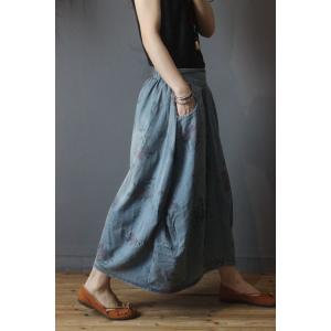 Casual Style Printed Maxi Skirt Denim Vintage Flare Skirt