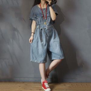 Flap Pockets Short Sleeve Belted Rompers Wide Leg Korean Jean Jumpsuits