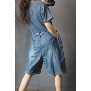 Flap Pockets Short Sleeve Belted Rompers Wide Leg Korean Jean Jumpsuits