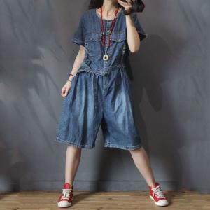 Flap Pockets Short Sleeve Belted Rompers Wide Leg Korean Jean Jumpsuits