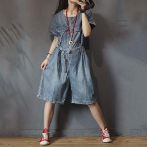 Flap Pockets Short Sleeve Belted Rompers Wide Leg Korean Jean Jumpsuits