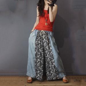 Contrasting Color Black Floral Jeans Womans Wide Leg Jeans