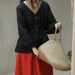 Puff Sleeve V-Neck Designer Blouse Linen Slim Waist Shirt