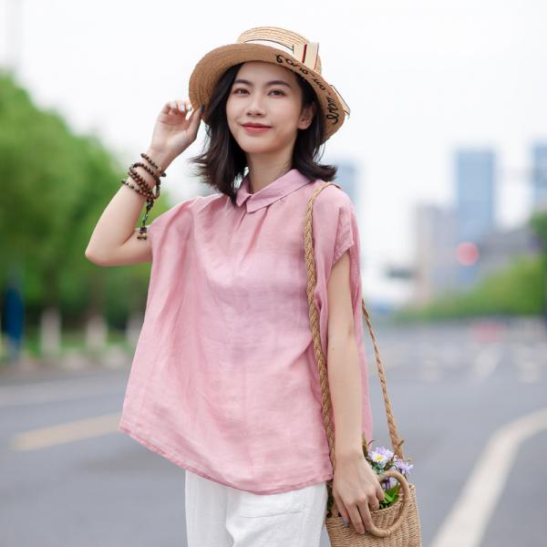 OL Style Shirt Sleeve Linen Shirt Single-Breasted Pink Korean Blouse