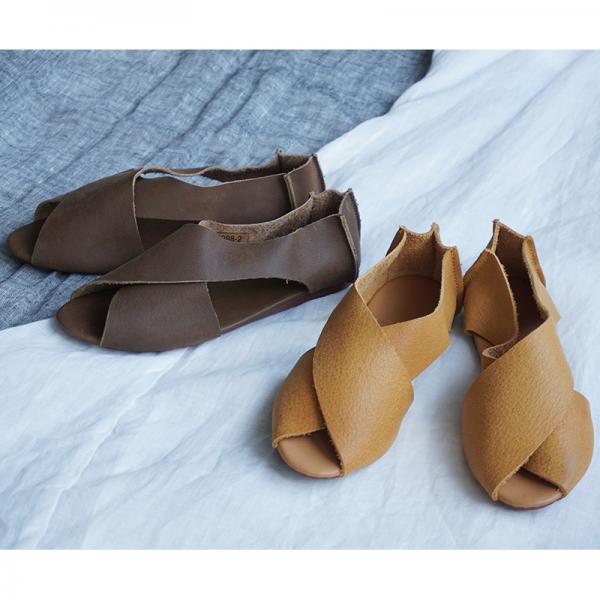 Original Design Cowhide Leather Flats Womans Peep Toe Shoes