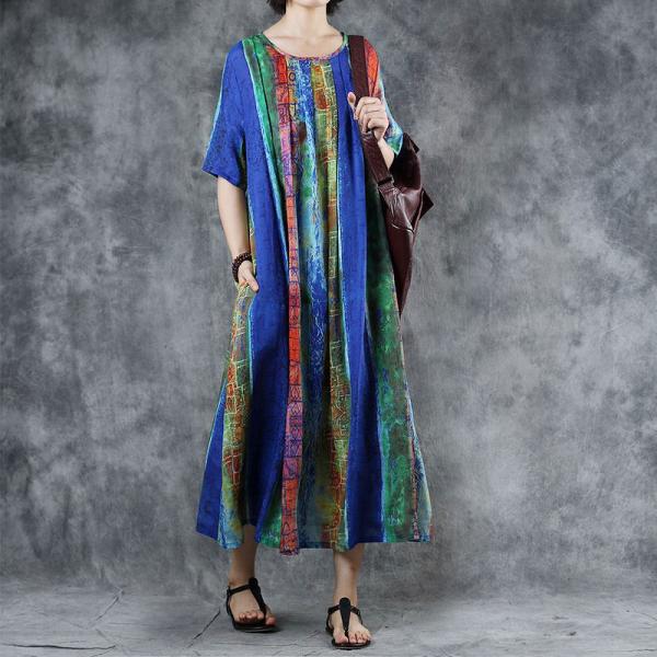Colorful Striped Ethnic Printed Shift Dress Half Sleeve Loose Casual Dress