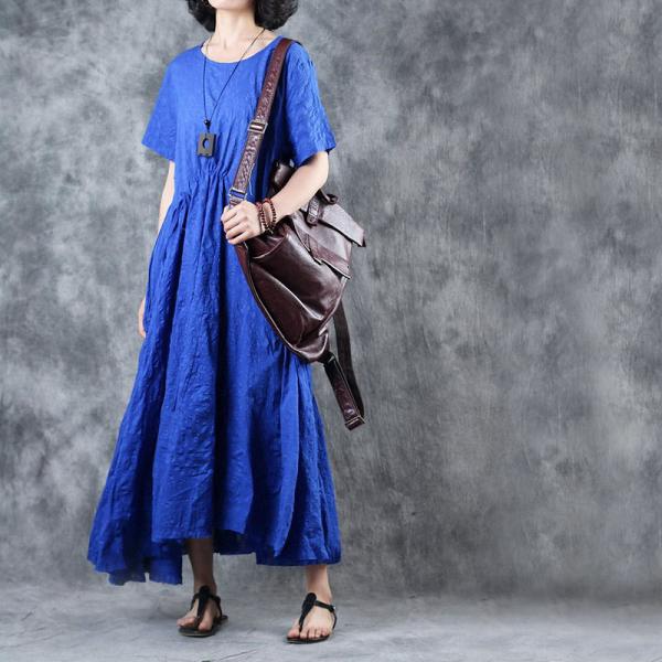 Stereo Pattern Asymmetrical Linen Dress Blue Drawstring Short Sleeve Dress