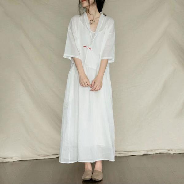 Classical Chinese Sheer Dress V-Neck Half Sleeve Caftan Dress