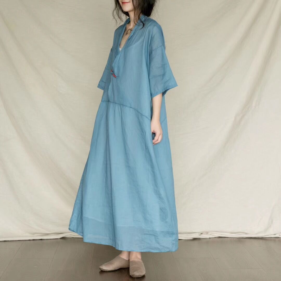 Classical Chinese Sheer Dress V-Neck Half Sleeve Caftan Dress in Dark ...